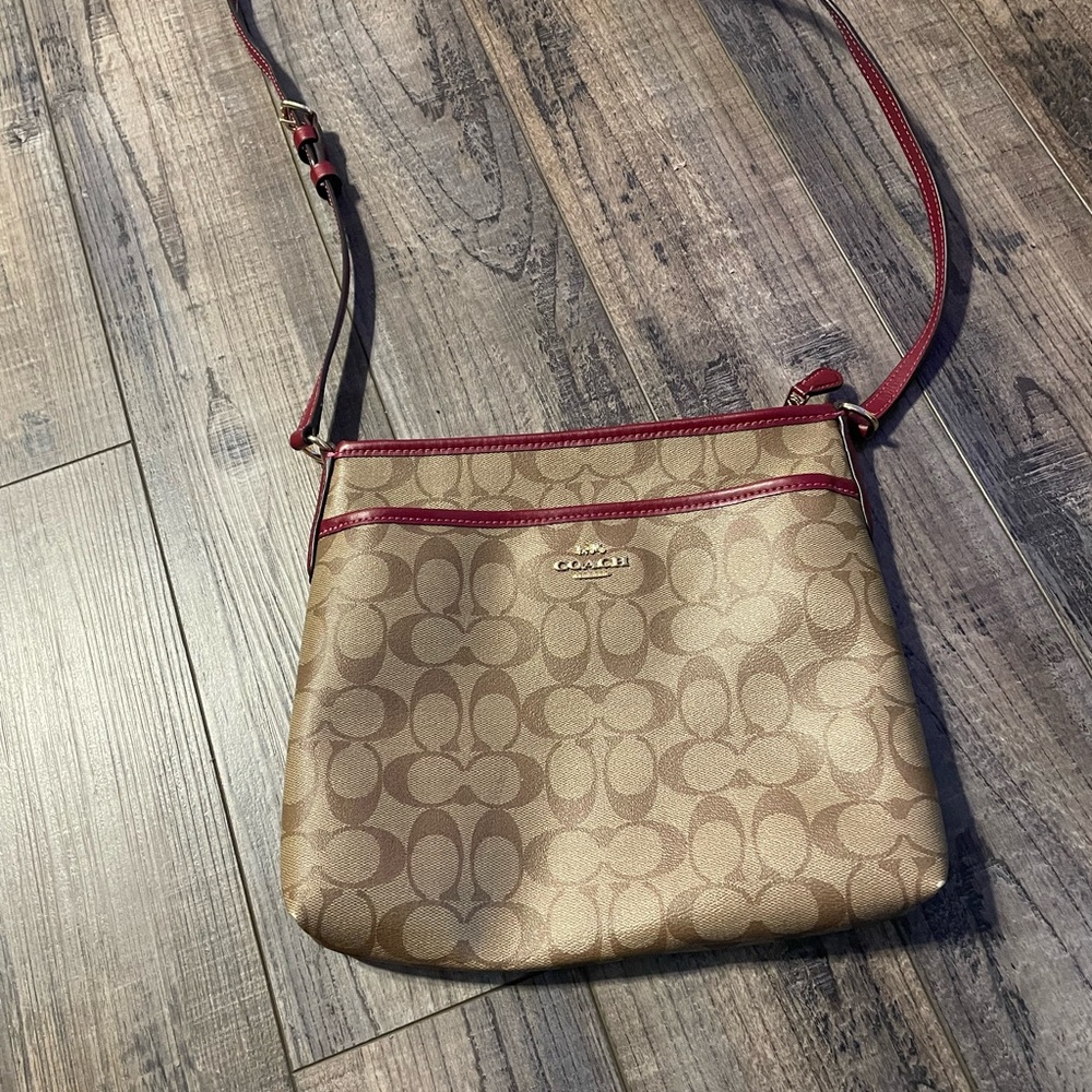 Coach Brown and Red Crossbody Bag with Signature Monogram